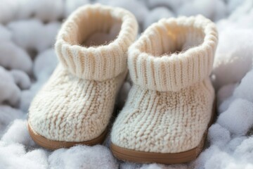 Poster - A close-up shot of a pair of baby shoes lying in the snow, a poignant reminder of new life and innocence