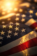 Poster - Close-up of an American flag against a sunset backdrop