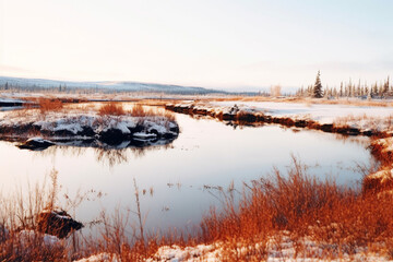 serene grandeur of arctic tundra enveloping a serene lake, adorned with glistening blankets of snow,