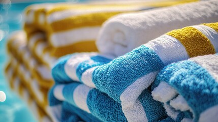 Poster - A stack of colorful towels resting next to a swimming pool, perfect for a summer day or as a decorative piece