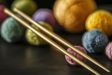 Poster - Knitting needles and balls of yarn arranged on a table
