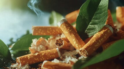 Poster - A pile of cigarettes sits atop a pile of leaves, with autumn colors and textures in the background