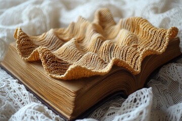 Poster - A person has placed a knitted cloth on top of an open book, making it look cozy and inviting