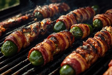 Poster - Spicy peppers wrapped in crispy bacon sizzling on a grill, great for parties and gatherings
