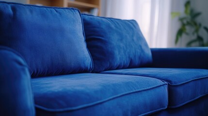 Poster - A blue couch sits in a cozy living room next to a window, perfect for interior design or home decor inspiration