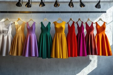 Poster - A colorful array of dresses hanging from a rack, perfect for fashion or lifestyle concepts
