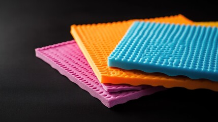 Poster - Close-up of three colorful sponges on a table, great for DIY, crafting, or kitchen use