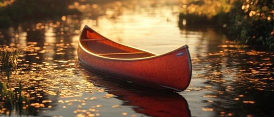 Poster - A bright red canoe sits peacefully on the surface of a serene lake, waiting for adventure to begin