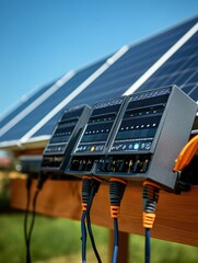 Poster - A row of solar panels placed on top of a wooden table, perfect for home or office use