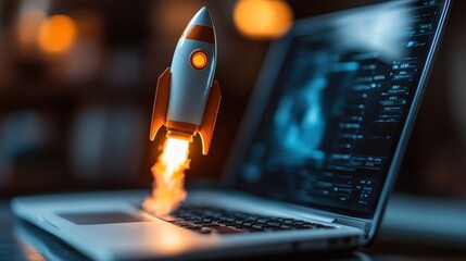 Laptop Rocket Launch: Digital Startup Success