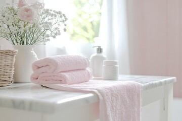 Poster - Soft pink towels and delicate flowers decorate a serene bathroom countertop in natural light during daytime