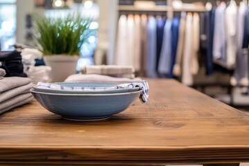 Poster - Stylish clothing boutique features blue ceramic dish on rustic wooden table in well-lit merchandise area