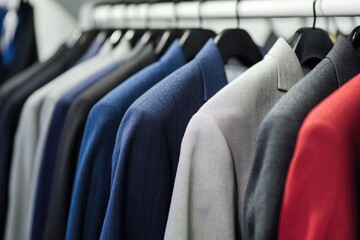 Aufkleber - A collection of mens jackets hung neatly on a rack, ideal for use in fashion, lifestyle or commercial settings