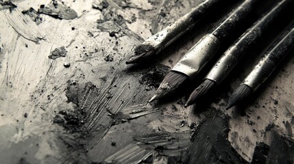 Poster - A collection of paintbrushes arranged on a table surface