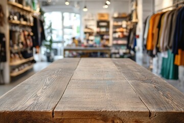 Poster - Wooden table in a clothing store surrounded by stylish apparel and accessories during a bright daytime