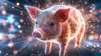 Poster - Symbolic digital artwork showcasing a glowing piglet surrounded by vibrant particles