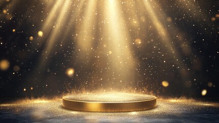 Poster - Golden pedestal illuminated by spotlights with glittering particles.