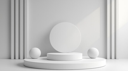 Poster - A serene setting showcases a circular pedestal surrounded by smooth spheres on white surfaces, accentuated by natural light illuminating the minimalistic design elements