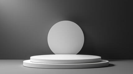 Aufkleber - A sleek and minimalist space showcases layered white platforms with a large circular backdrop against a dark gray wall, ideal for product presentations or artistic showcases