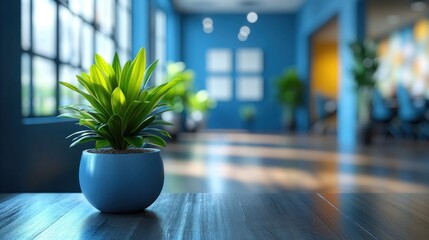 Poster - Green plant in blue pot on wooden table in modern office.