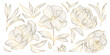 Vector set of gold line japanese, chinese flowers illustrations. Peonies vintage elegant art, wedding ornament, asian botanical graphic