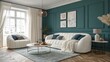 © Danish - Modern 3d illustration Luxury Living Room with Elegant White Sofas and Teal Walls. Stylish Contemporary Home Interior with Chic Furniture 3d render Design. Cozy Minimalist Living Room