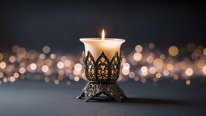 Poster - elegant candle illuminated against a backdrop of soft bokeh lights in a dark setting