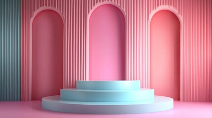 Aufkleber - Soft pastel colors adorn an artistic display space with three elegant arches. A tiered platform invites creativity, set against textured walls that inspire artistic expression