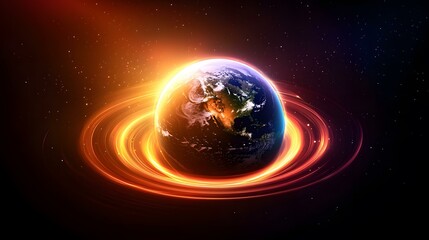 Wall Mural - The image shows a stylized depiction of planet Earth, centered and prominently displayed, surrounded by a swirling, luminous ring of fiery orange and red light against a dark space background speckle