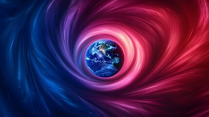 Wall Mural - The image shows a swirling vortex of vibrant blue and pink hues, with a realistic depiction of planet Earth positioned at its center.