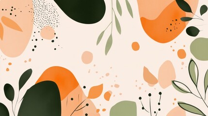 Aufkleber - This captivating artwork combines various organic shapes in shades of green, orange, and peach, intertwined with delicate leaves, evoking a sense of nature’s harmony and creativity