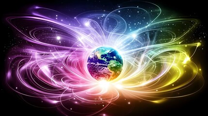 Wall Mural - The image shows a vibrant, multicolored, swirling energy field surrounding a depiction of planet Earth.