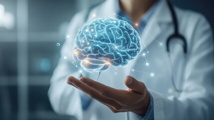 Poster - Female doctor examining a 3D holographic brain model, AI-driven cognitive research, neural interface, advanced medical innovation, and neurotechnology in modern healthcare.banner