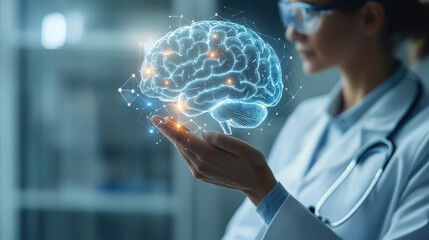 Poster - Female doctor examining a 3D holographic brain model, AI-driven cognitive research, neural interface, advanced medical innovation, and neurotechnology in modern healthcare.banner