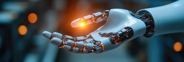 Poster - Futuristic robotic hand with glowing fingertip, symbolizing artificial intelligence, advanced technology, and human-machine interaction in a high-tech environment with blurred background. Banner