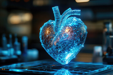 Poster - Futuristic holographic heart projection in an advanced research laboratory, symbolizing cardiology, digital medicine, biomedical innovation, and high-tech healthcare visualization.banner