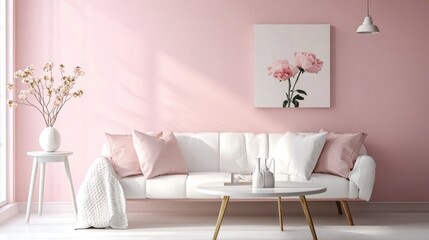 Poster - A serene living area showcases a plush white sofa adorned with soft pink cushions