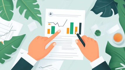 Poster - hands analyzing business graph and charts on document.