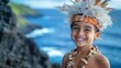 © ThuyTrang - A cheerful young boy dressed as an island chief, wearing a traditional malo wrap, kukui nut necklace, and a feathered headpiece,