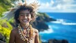 © ThuyTrang - A cheerful young boy dressed as an island chief, wearing a traditional malo wrap, kukui nut necklace, and a feathered headpiece,