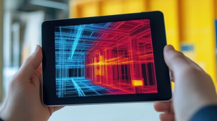 Leinwandbilder - Hands holding tablet displaying 3D architectural model.