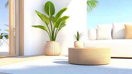Poster - A bright, minimalist living space featuring a cozy sofa, stylish decor, and vibrant greenery, creating a serene atmosphere.