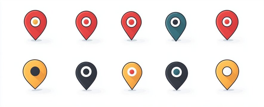Map pins, location markers, colorful icons, 3D rendering, shadow effects, glossy surfaces, red pin, black pin, golden pin, geometric shapes, minimalist design, vector graphics, app interface elements,