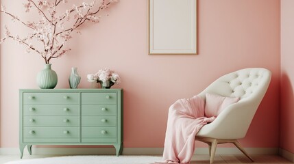 Poster - A tranquil living area features a mint green dresser and a plush, modern chair, adorned with blush textiles. Cherry blossom branches add a refreshing touch, enhancing the soft pink walls