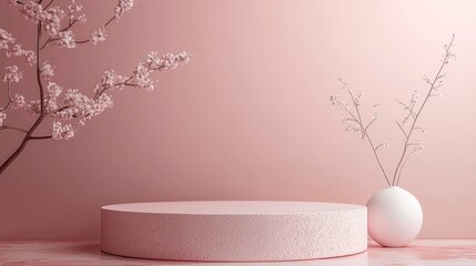 Poster - Soft pink hues create a calming atmosphere as cherry blossoms gently rest beside a simple white vase, enhancing the elegance of the minimalist display setting, ideal for artistic expressions