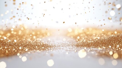 Poster - A dazzling display of golden glitter is spread over a bright surface, reflecting light and enhancing the festive ambiance