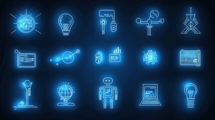 Poster - A visually striking set of icons representing various aspects of AI driven innovation including technology networking data analysis problem solving and more