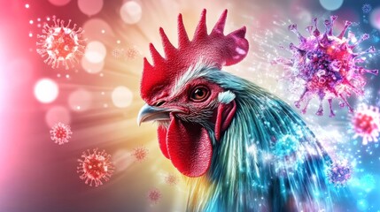 Poster - Medical poster showcasing a rooster with virus imagery and striking visual effects in vibrant colors