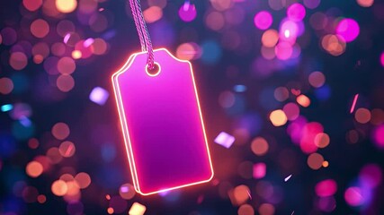Poster - Vibrant neon price tag surrounded by colorful bokeh and festive confetti creates perfect shopping background for promotions and sales, enhancing your decoration experience.