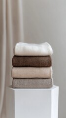 Poster - Soft, neutral-toned knitted sweaters are stacked neatly on a minimalist pedestal, creating a serene and inviting atmosphere perfect for a cozy winter setting